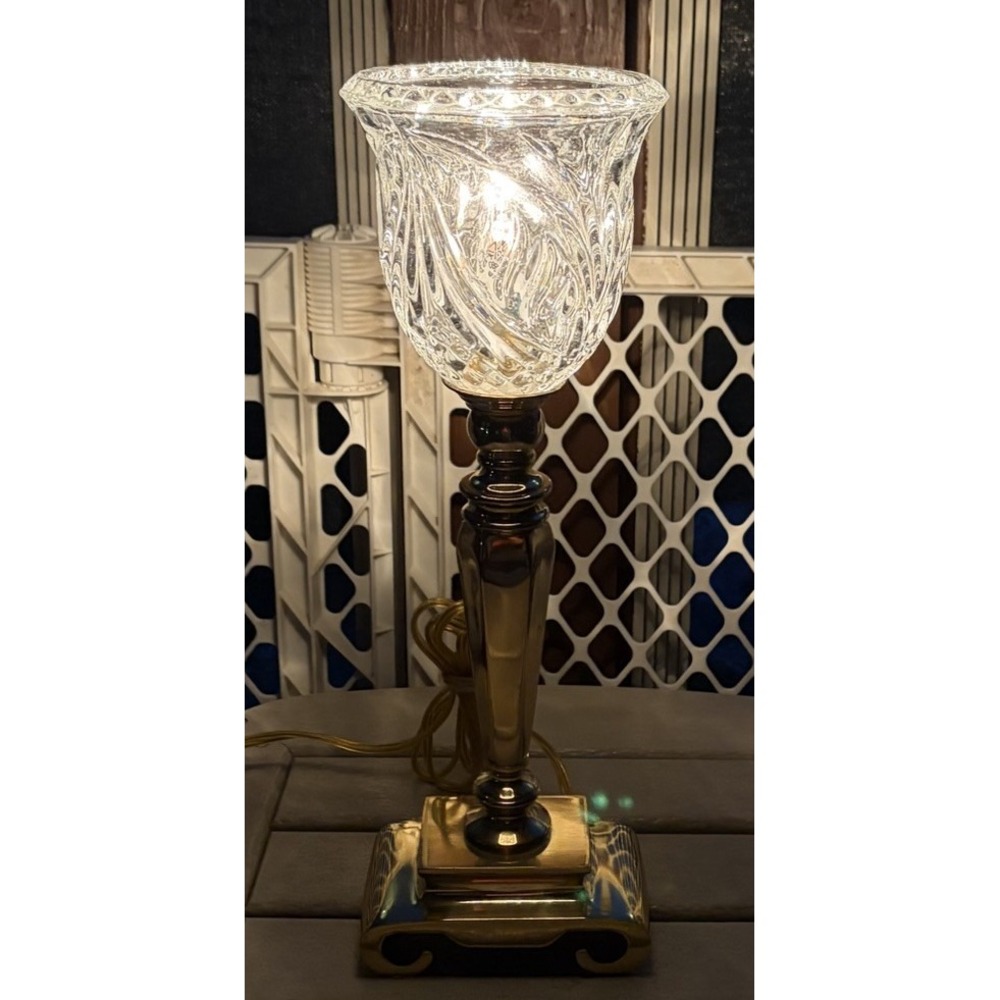 VTG SCROLLED BRASS BASED TORCHIERE 16" TABLE LAMP w THICK CUT CRYSTAL SHADE